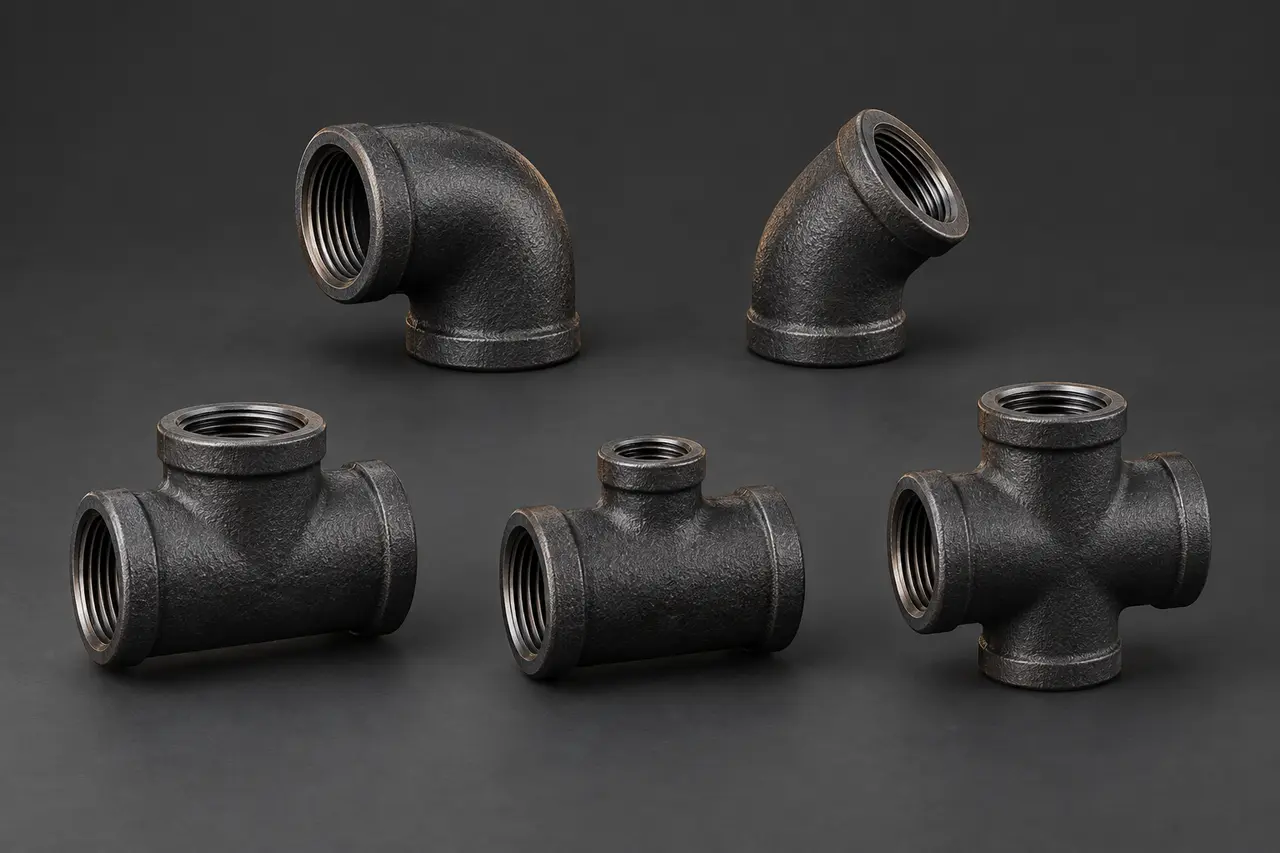 Complete black malleable iron elbows, tees and cross