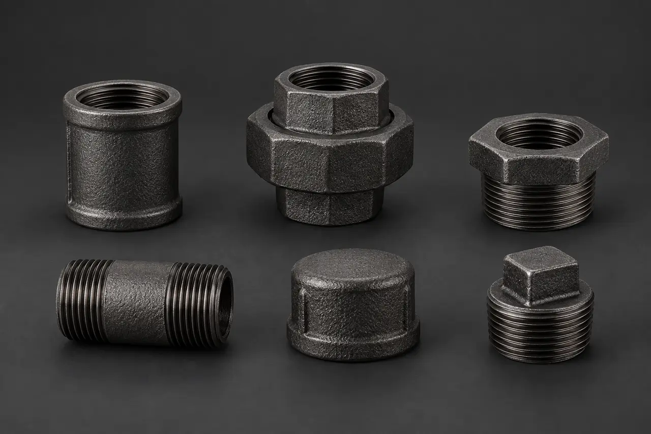Complete black malleable iron sockets, union, bush, nipple, cap and plug
