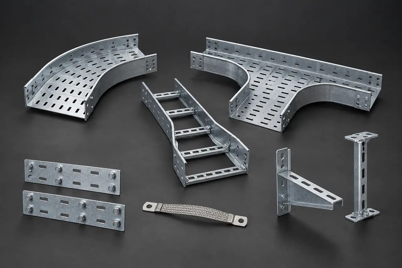 Complete cable tray bends, tee, reducer, splice plates and support accessories