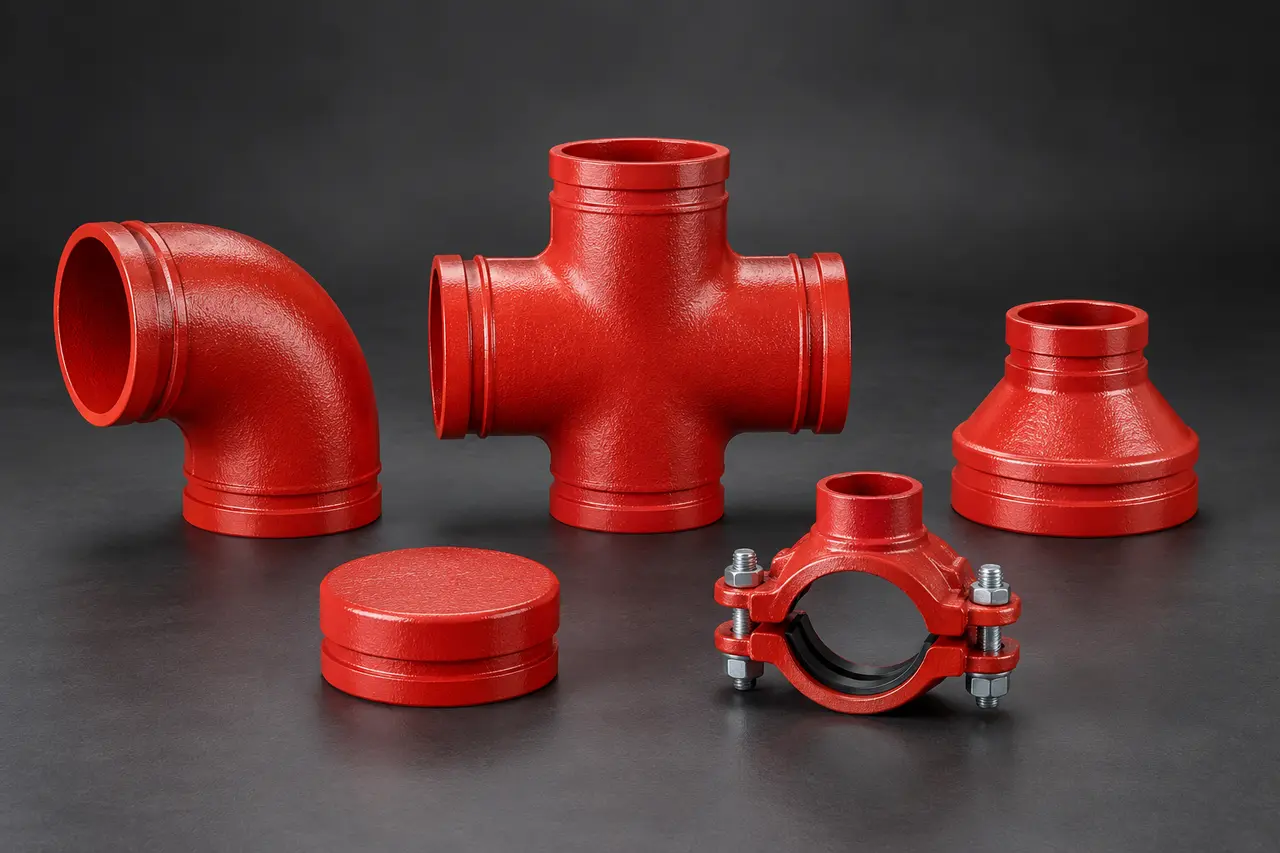 Complete grooved elbow, tee, reducer, cap and mechanical outlet