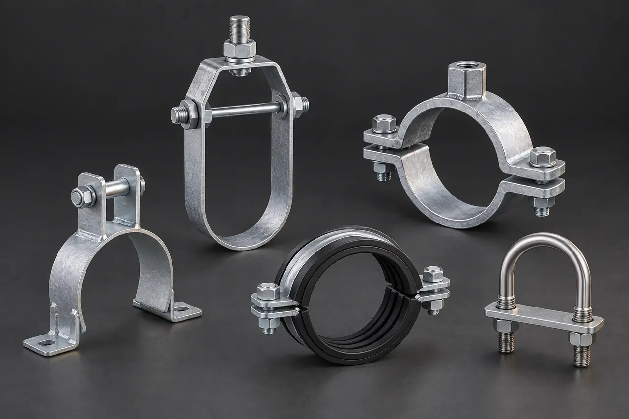Complete clevis hanger, riser clamp, split-ring clamps and U-bolt