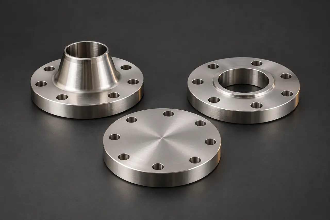Complete stainless steel weld-neck, slip-on and blind flanges