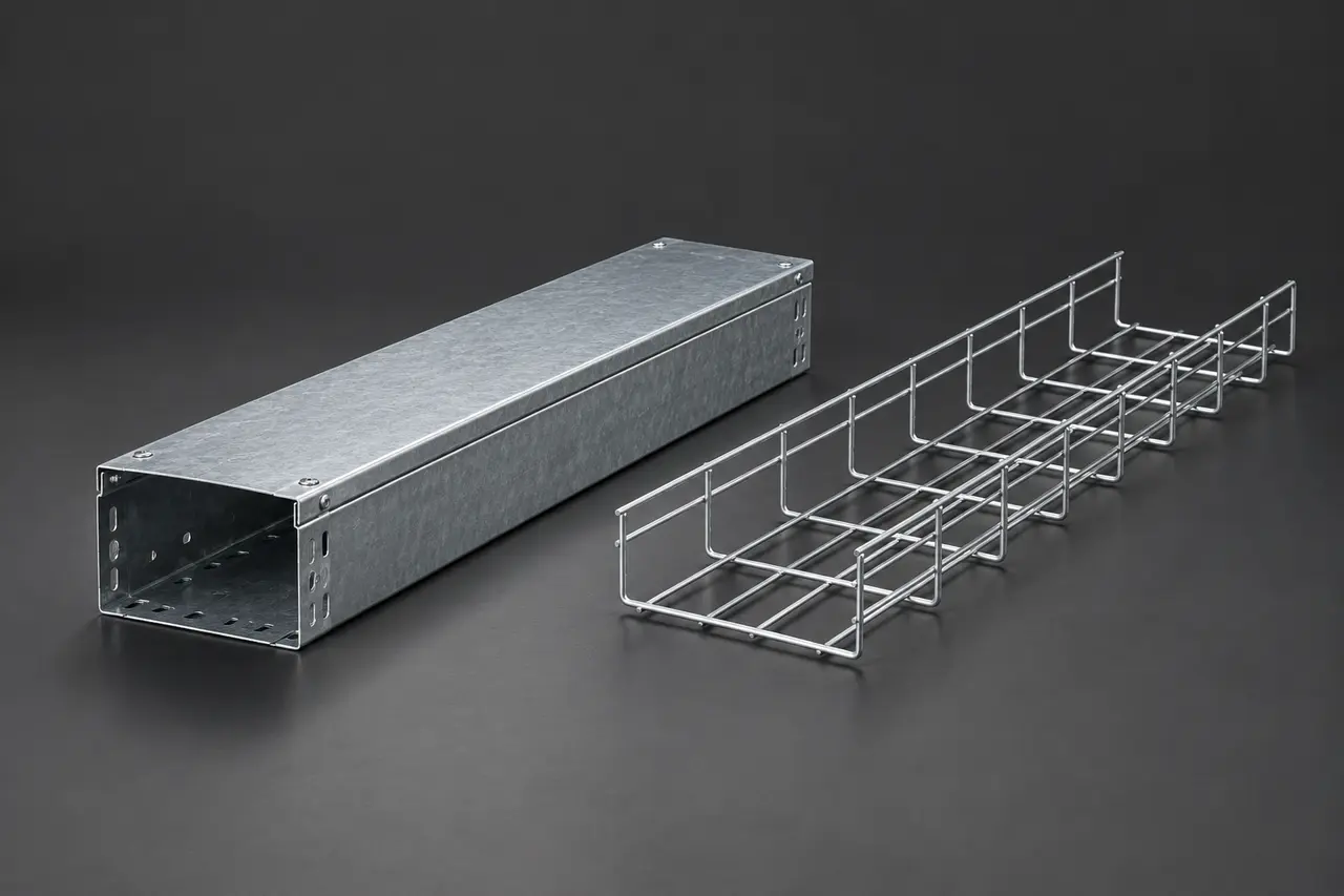 Complete galvanized metal trunking and wire-mesh cable basket sections