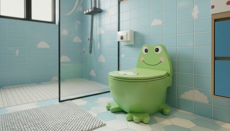 Children's bathroom with blue cloud tiles and frog-shaped toilet