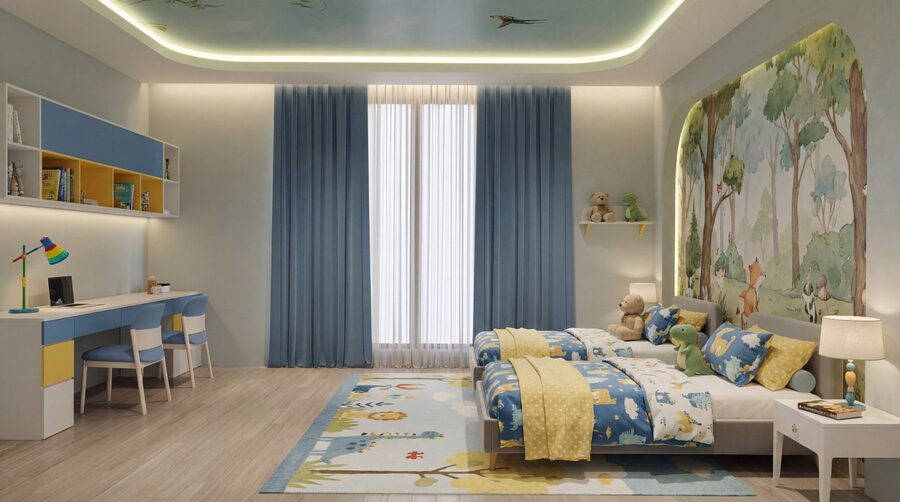 Children's bedroom blue and yellow colour and material study