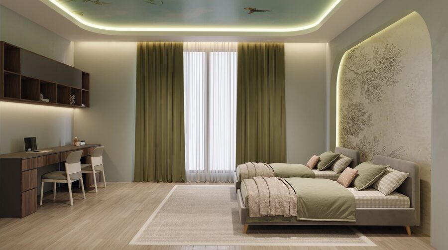 Children's bedroom olive and neutral colour and material study