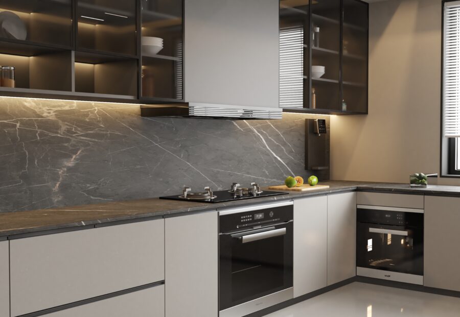 Contemporary kitchen with smoked glass cabinetry and dark stone backsplash