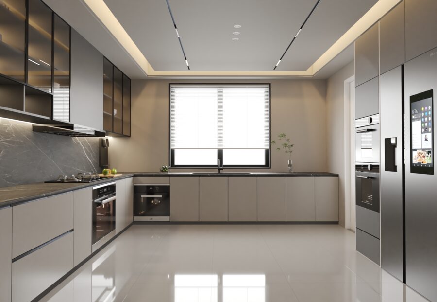 Wide view of contemporary kitchen with integrated appliances