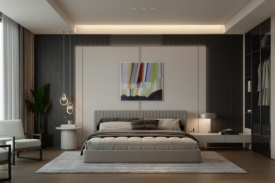 Full view of bedroom with dark timber feature wall