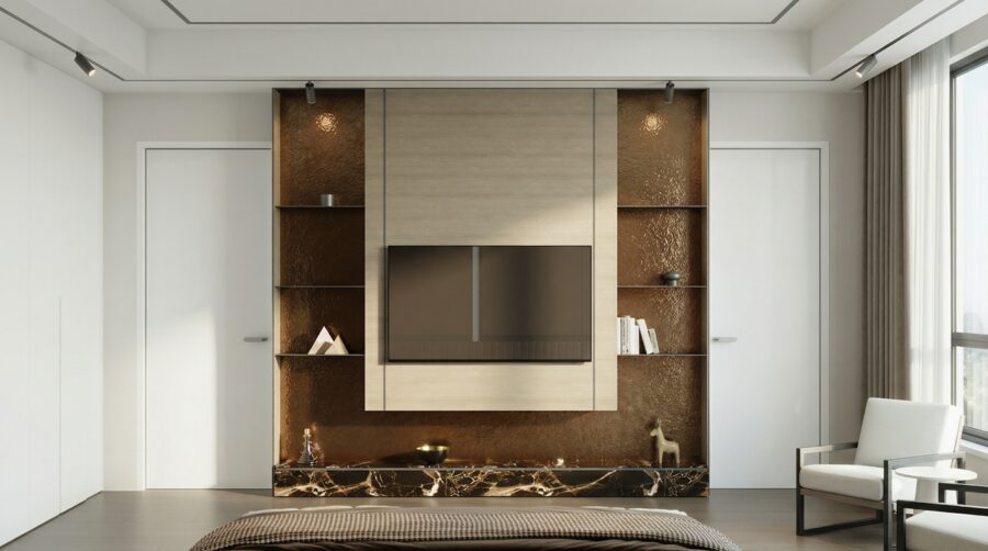 Dark timber bedroom media wall and display shelving