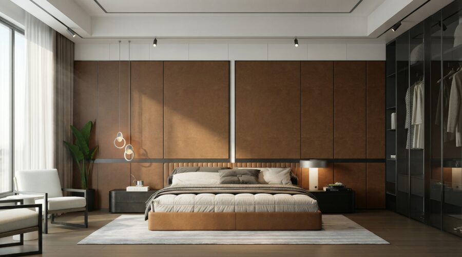 Bedroom with dark timber wall panels and integrated wardrobes