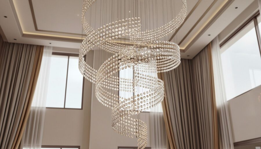 Double-height living room with sculptural chandelier