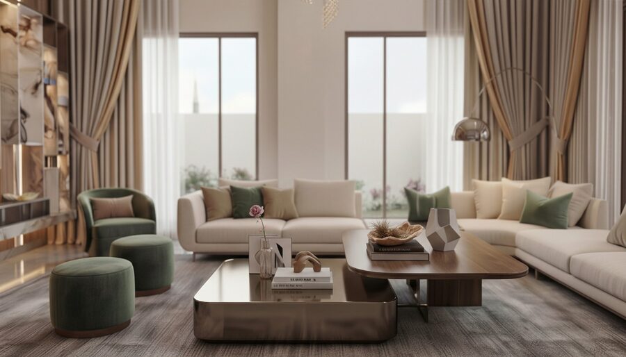 Seating detail in a double-height living room