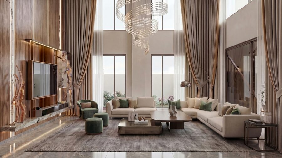 Double-height living room with layered seating and feature wall
