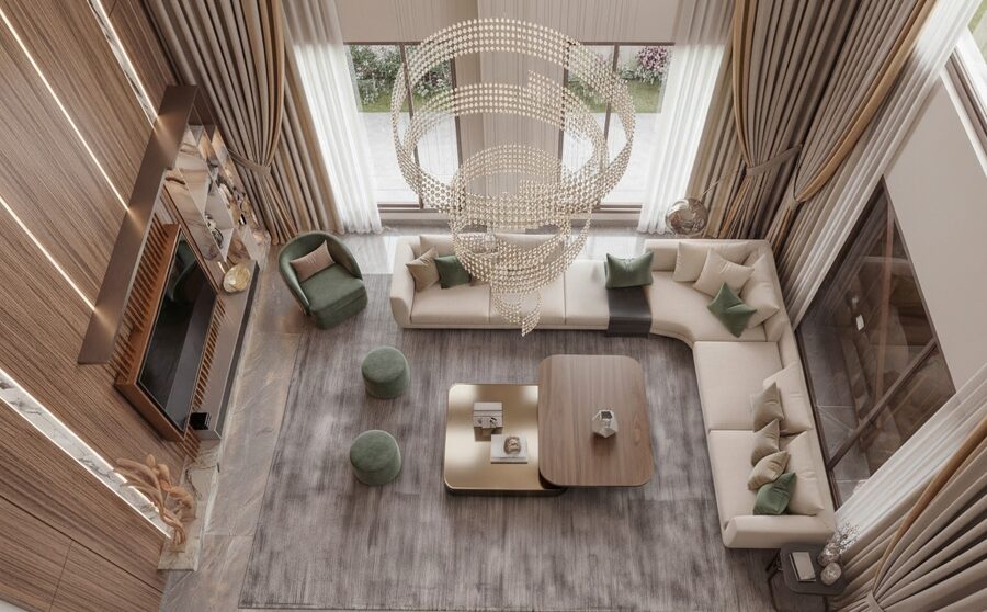 Overhead view of a double-height living room