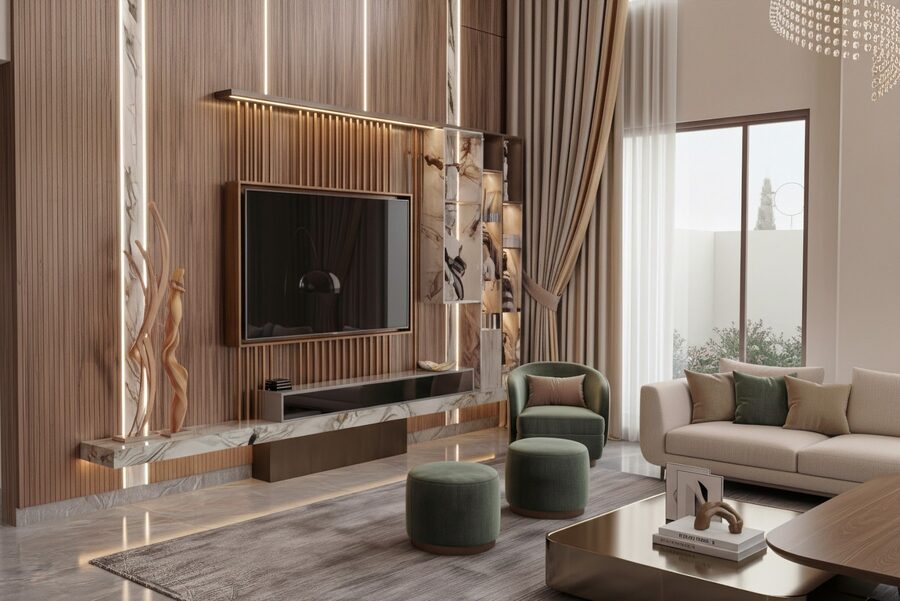 Double-height living room with timber and stone media wall