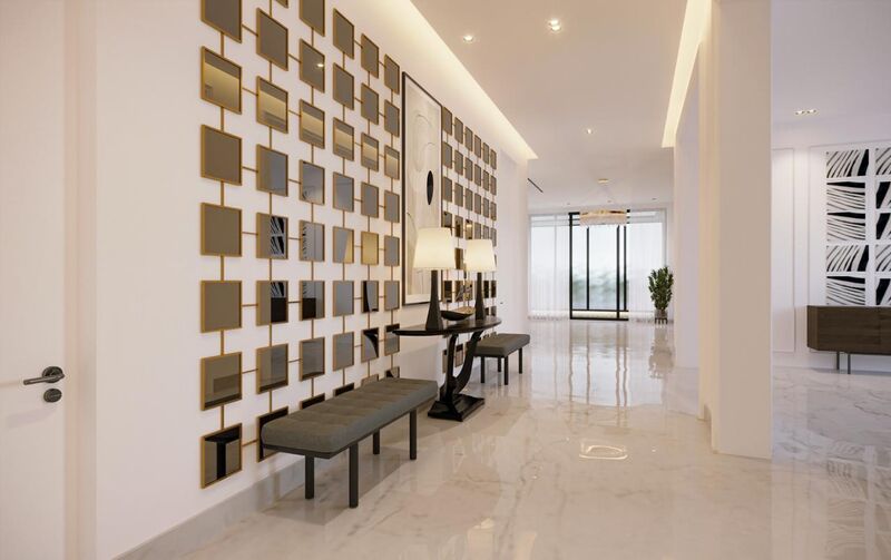 Gallery corridor with bronze-framed mirror installation