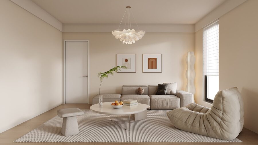 Soft neutral family lounge with layered seating
