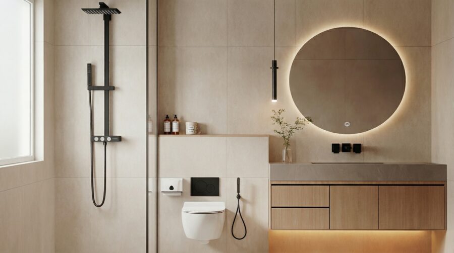 Guest bathroom with a warm timber vanity and circular mirror