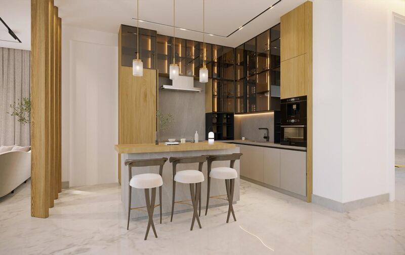 Open-plan kitchen and dining with timber and smoked-glass cabinetry