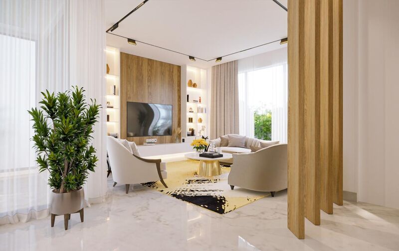 Light-filled living area with layered neutral seating