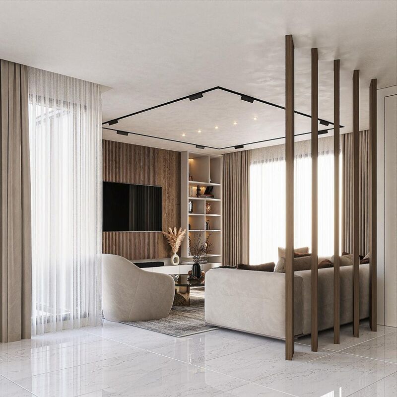 Open-plan living room with vertical timber partition