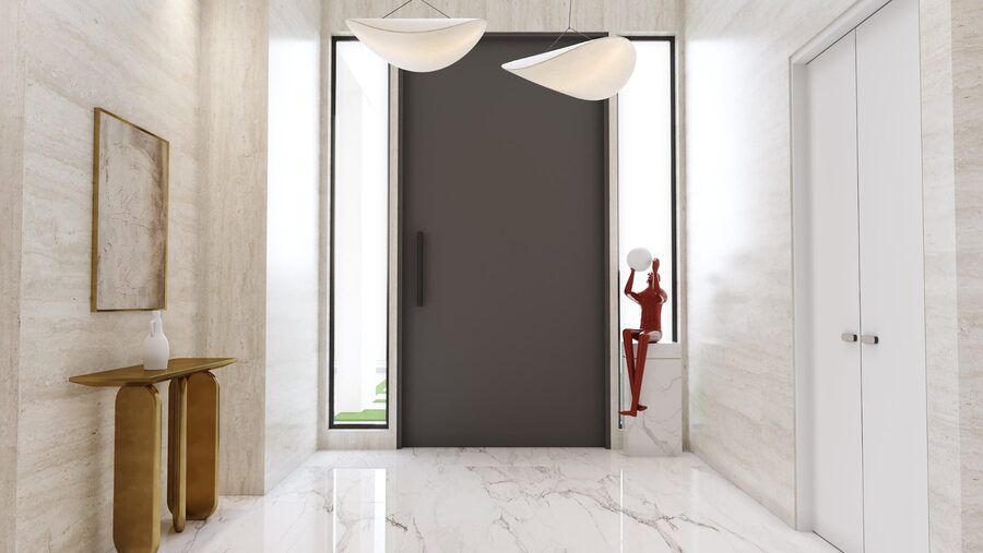 Main foyer with console table and sculptural lighting