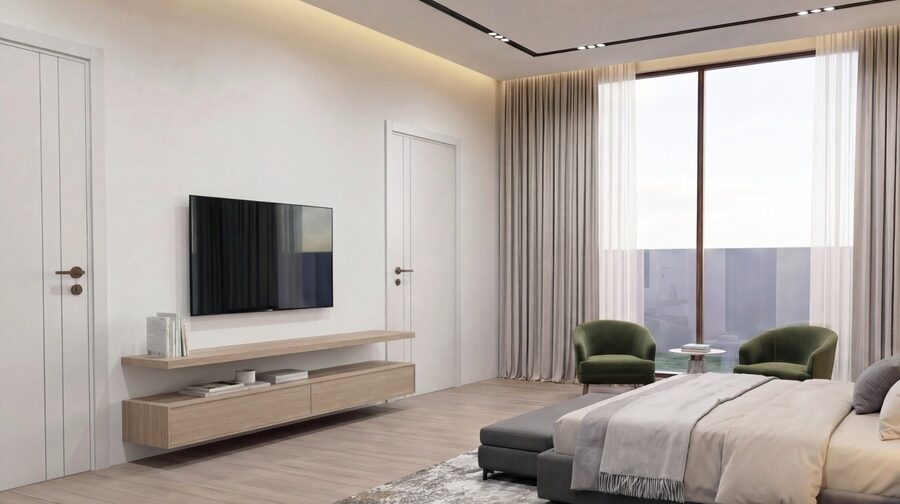Master bedroom viewed toward the integrated media wall