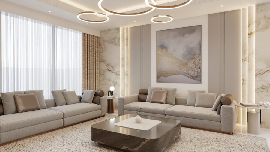 Open-plan living and dining room with sculptural ring lights