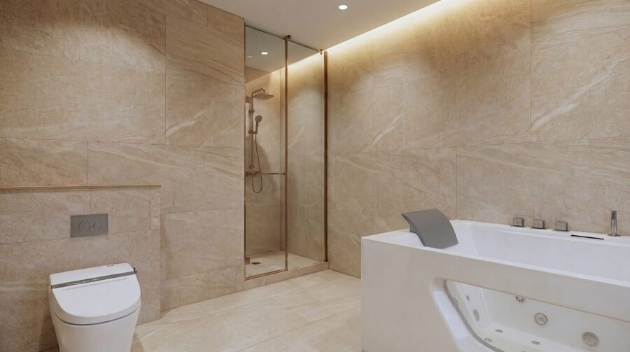 Stone primary bathroom with freestanding bath and glass shower