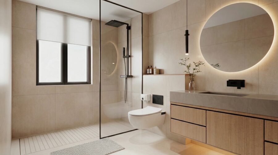 Primary bathroom vanity and shower in a warm neutral palette