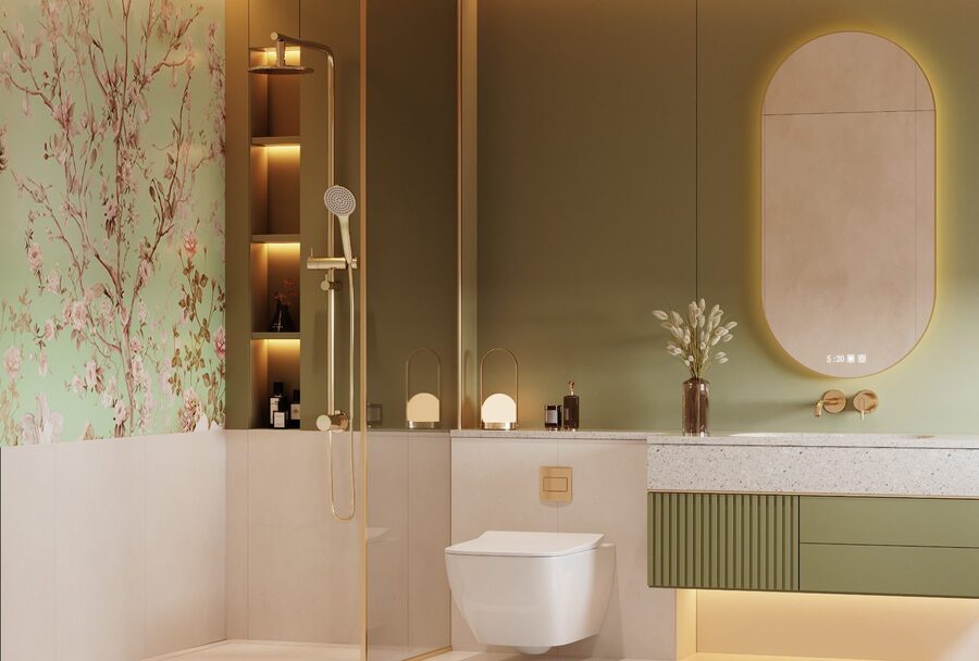 Sage green bathroom with floral wall treatment and bathing area