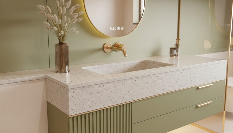 Sage green bathroom vanity with integrated lighting
