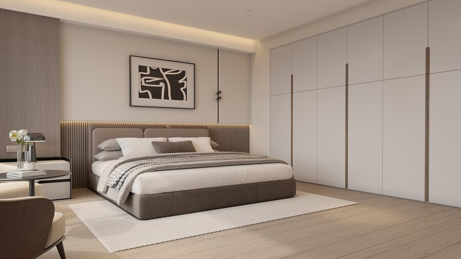 Second bedroom viewed toward the media wall