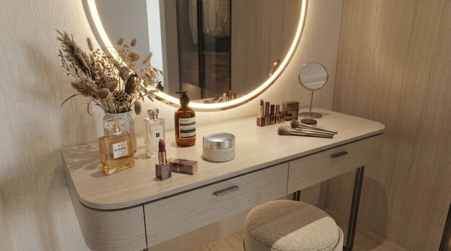 Integrated study and dressing area with timber cabinetry