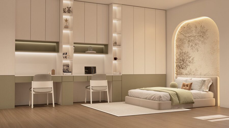 Twin children's bedroom with softly illuminated arched headboards