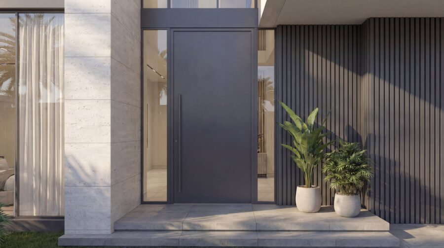 Contemporary villa entrance with stone and vertical screens