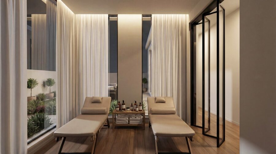 Twin massage room with minimal lounge styling