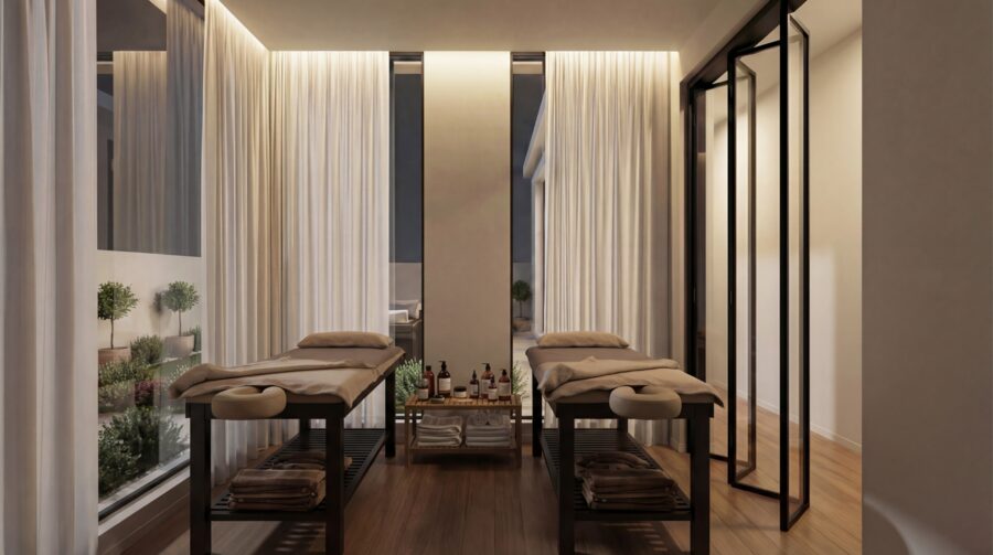 Twin massage room styled with linens and accessories
