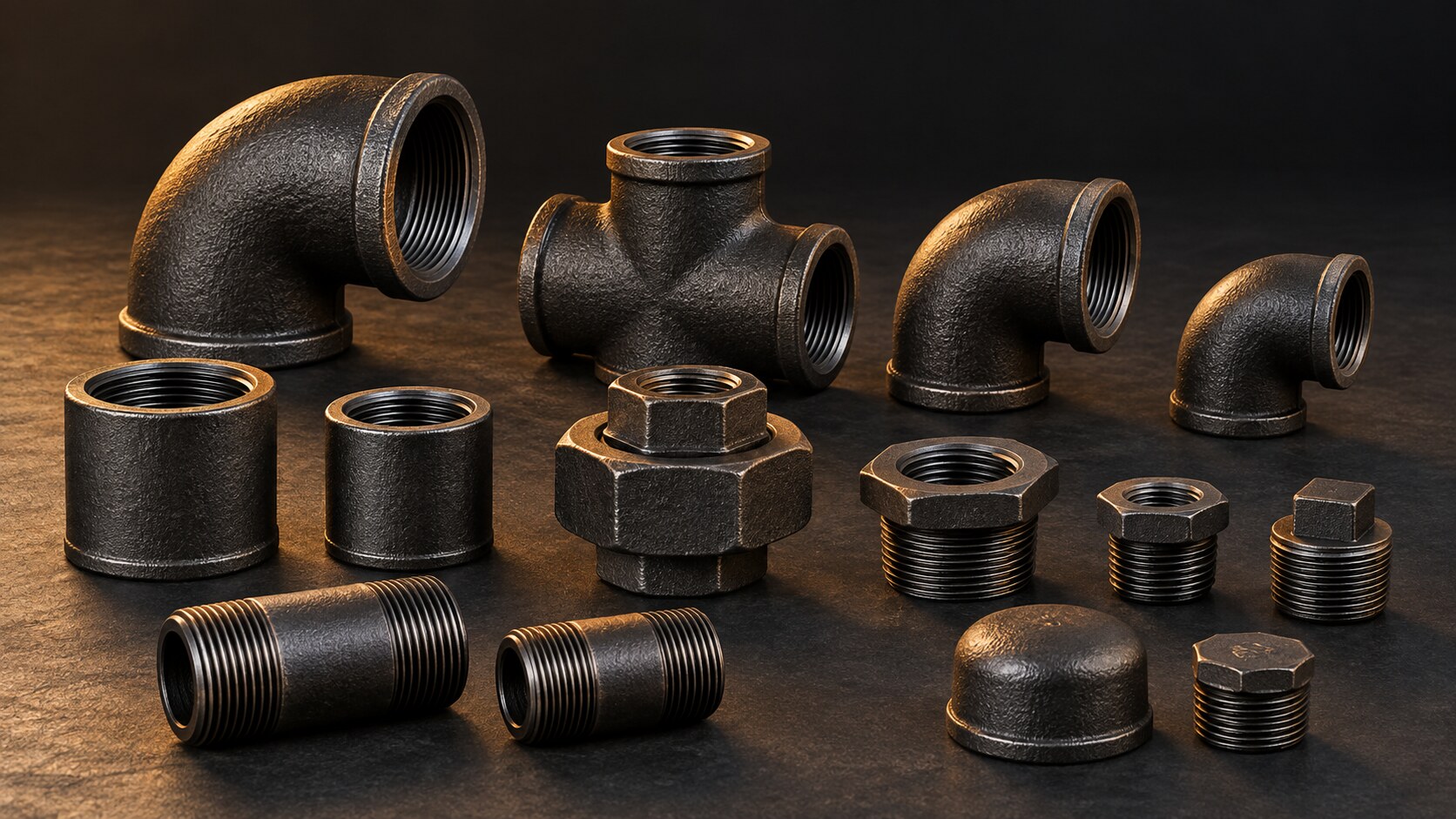 Clean black malleable iron threaded elbows, tees, unions and sockets