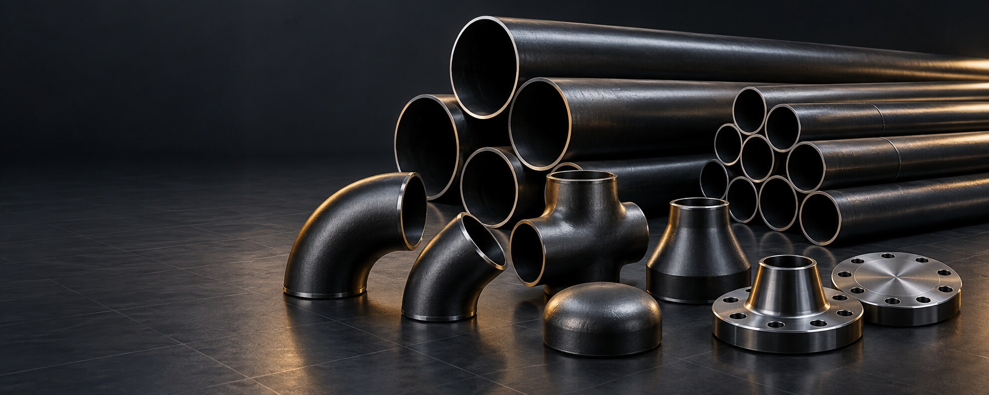 New carbon steel pipes, fittings and flanges on a clean graphite surface