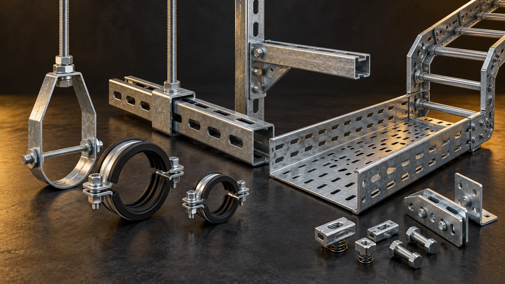 Galvanized pipe hangers, supports, cable tray and cable-ladder hardware